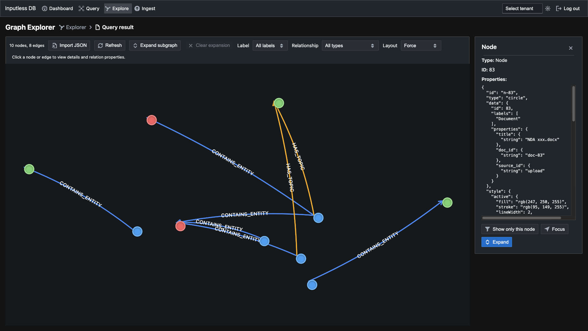 Graph Explorer — Query result with nodes and edges, node properties panel